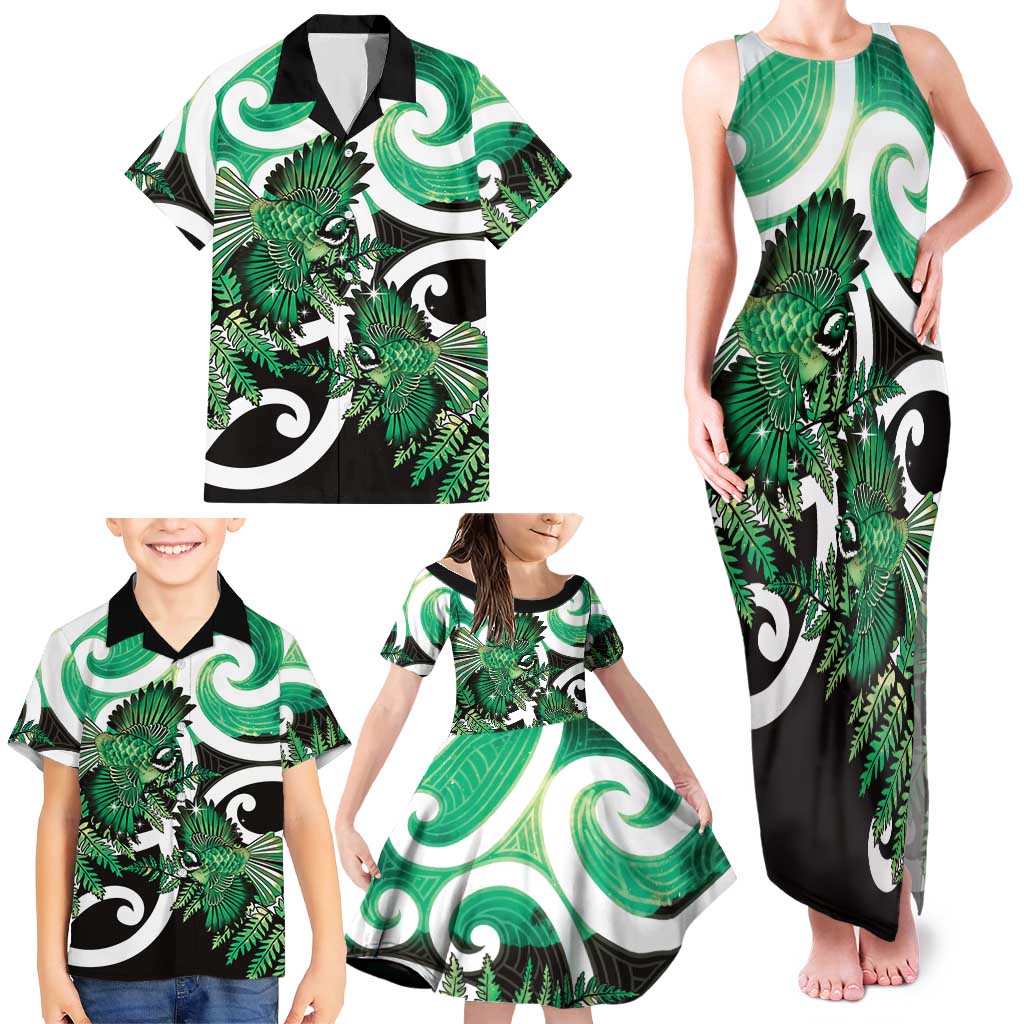 Piwakawaka New Zealand Matariki Family Matching Tank Maxi Dress and Hawaiian Shirt Maori New Year Silver Fern Green Galaxy