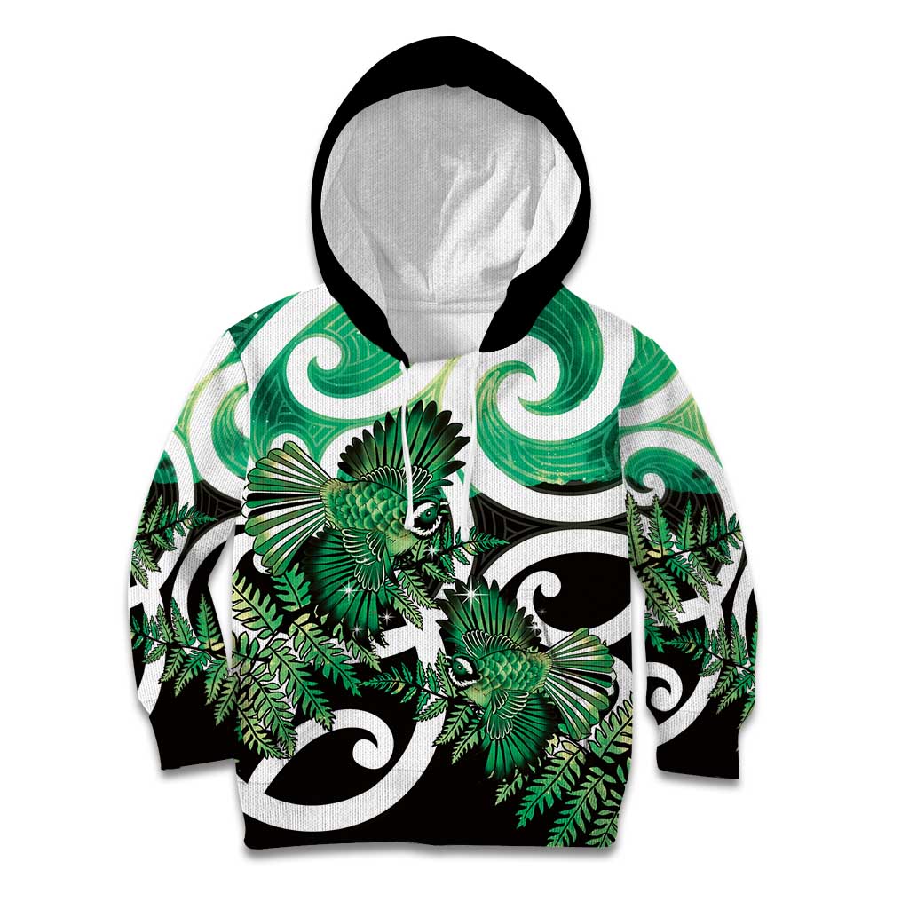 Piwakawaka New Zealand Matariki Kid Hoodie Maori New Year Silver Fern Green Galaxy