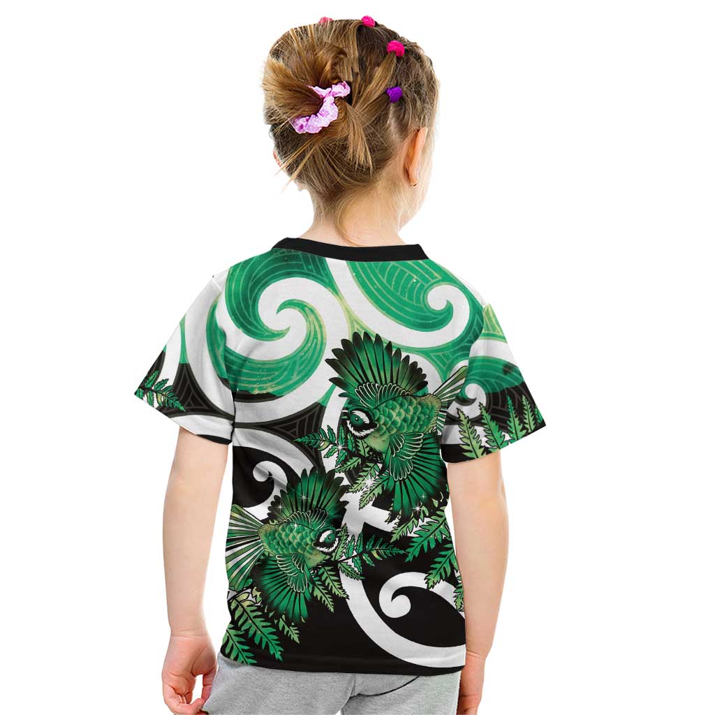 Piwakawaka New Zealand Matariki Kid T Shirt Maori New Year Silver Fern Green Galaxy LT14 - Polynesian Pride