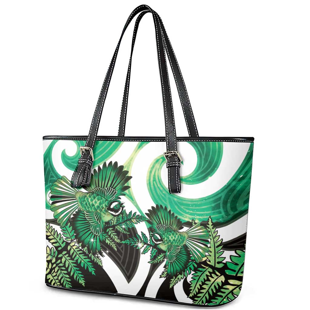 Piwakawaka New Zealand Matariki Leather Tote Bag Maori New Year Silver Fern Green Galaxy LT14 - Polynesian Pride