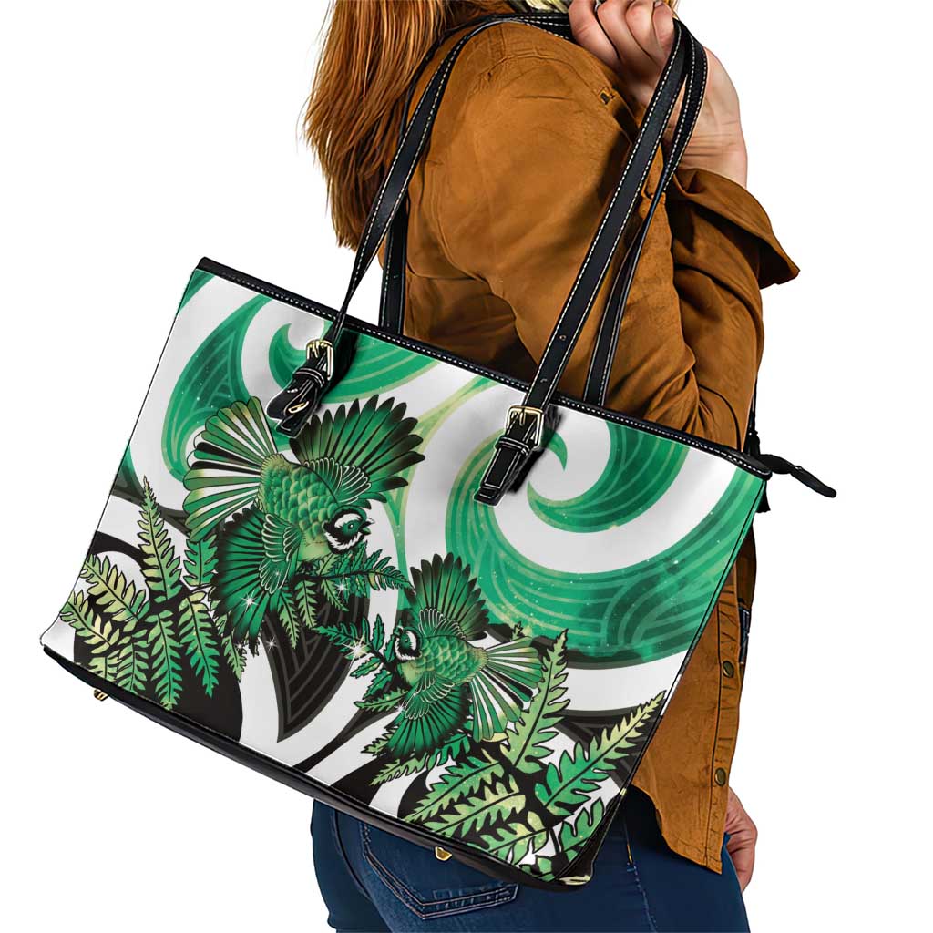 Piwakawaka New Zealand Matariki Leather Tote Bag Maori New Year Silver Fern Green Galaxy LT14 - Polynesian Pride