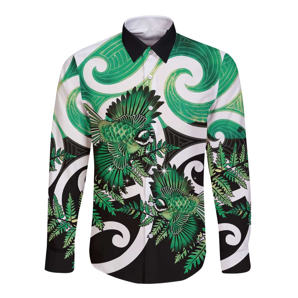 Piwakawaka New Zealand Matariki Long Sleeve Button Shirt Maori New Year Silver Fern Green Galaxy LT14 Unisex Green - Polynesian Pride