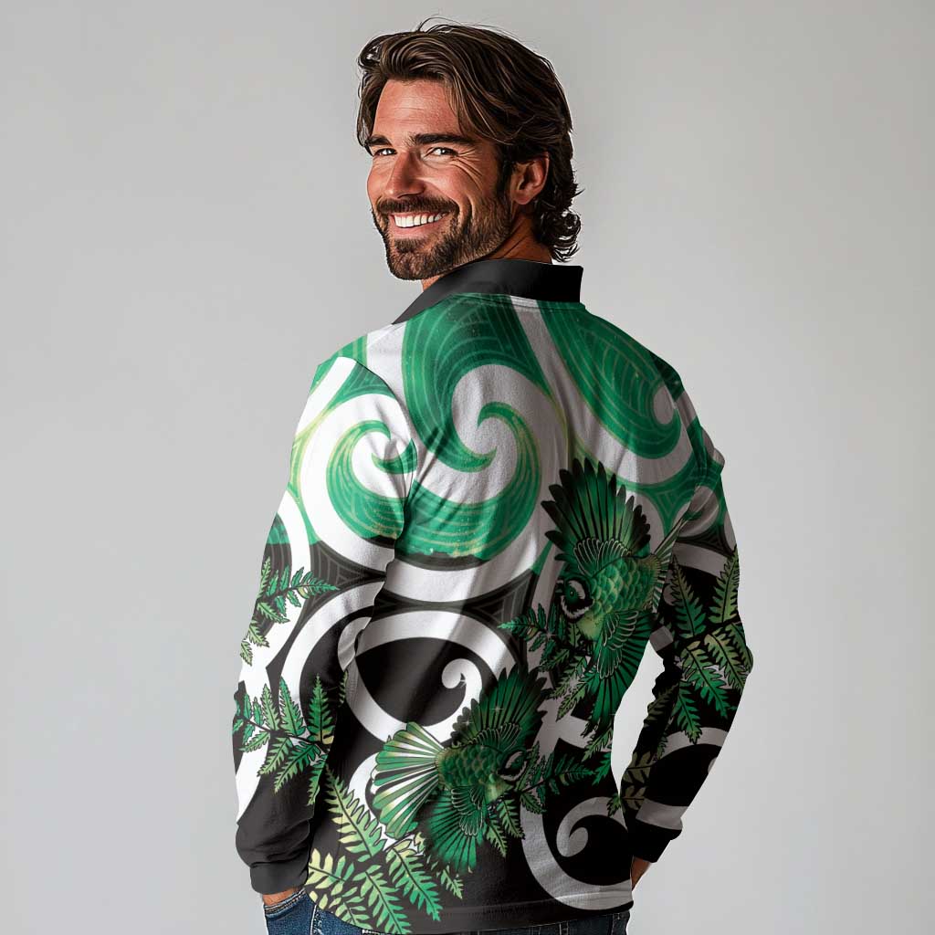 Piwakawaka New Zealand Matariki Long Sleeve Polo Shirt Maori New Year Silver Fern Green Galaxy LT14 - Polynesian Pride