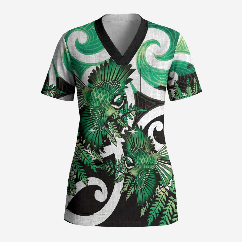 Piwakawaka New Zealand Matariki Scrub Top Maori New Year Silver Fern Green Galaxy LT14 Adult Green - Polynesian Pride