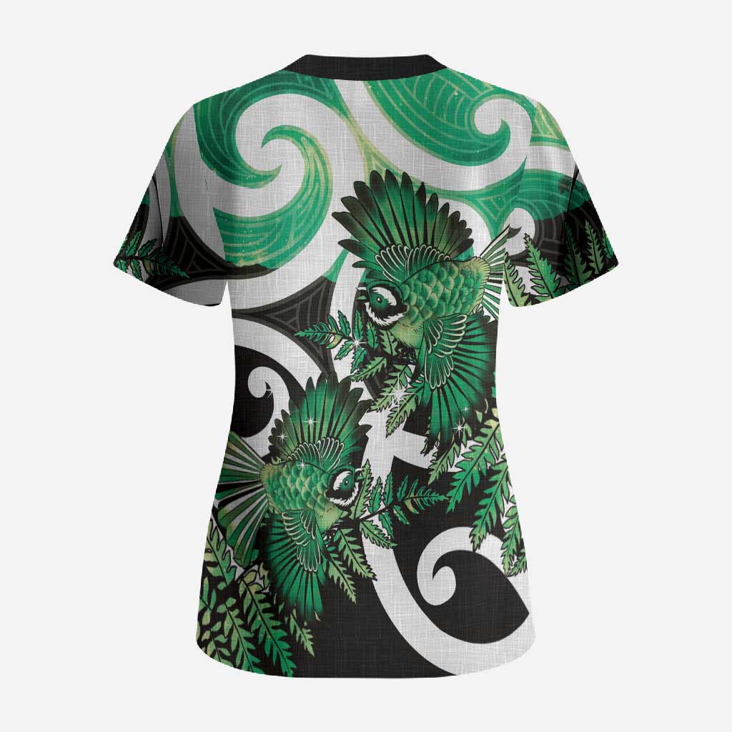 Piwakawaka New Zealand Matariki Scrub Top Maori New Year Silver Fern Green Galaxy LT14 - Polynesian Pride