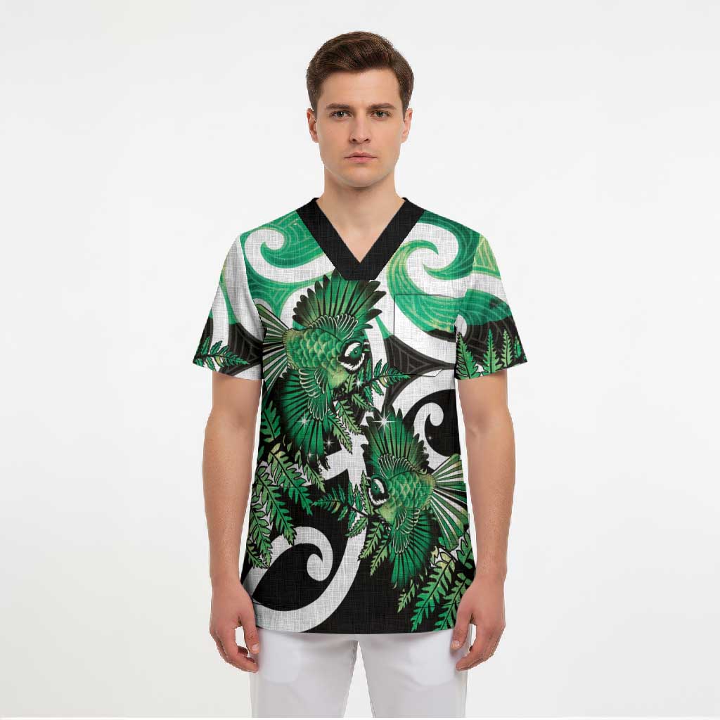 Piwakawaka New Zealand Matariki Scrub Top Maori New Year Silver Fern Green Galaxy LT14 - Polynesian Pride