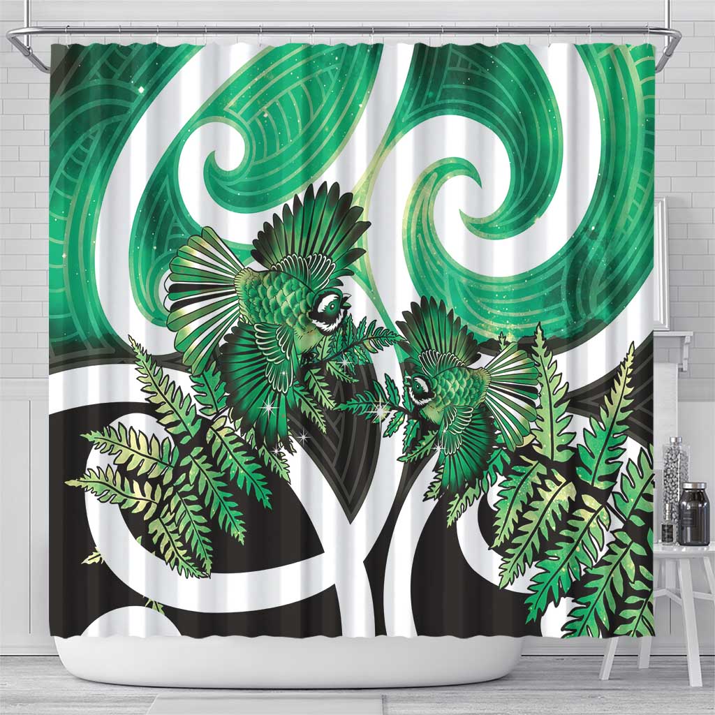 Piwakawaka New Zealand Matariki Shower Curtain Maori New Year Silver Fern Green Galaxy LT14 - Polynesian Pride