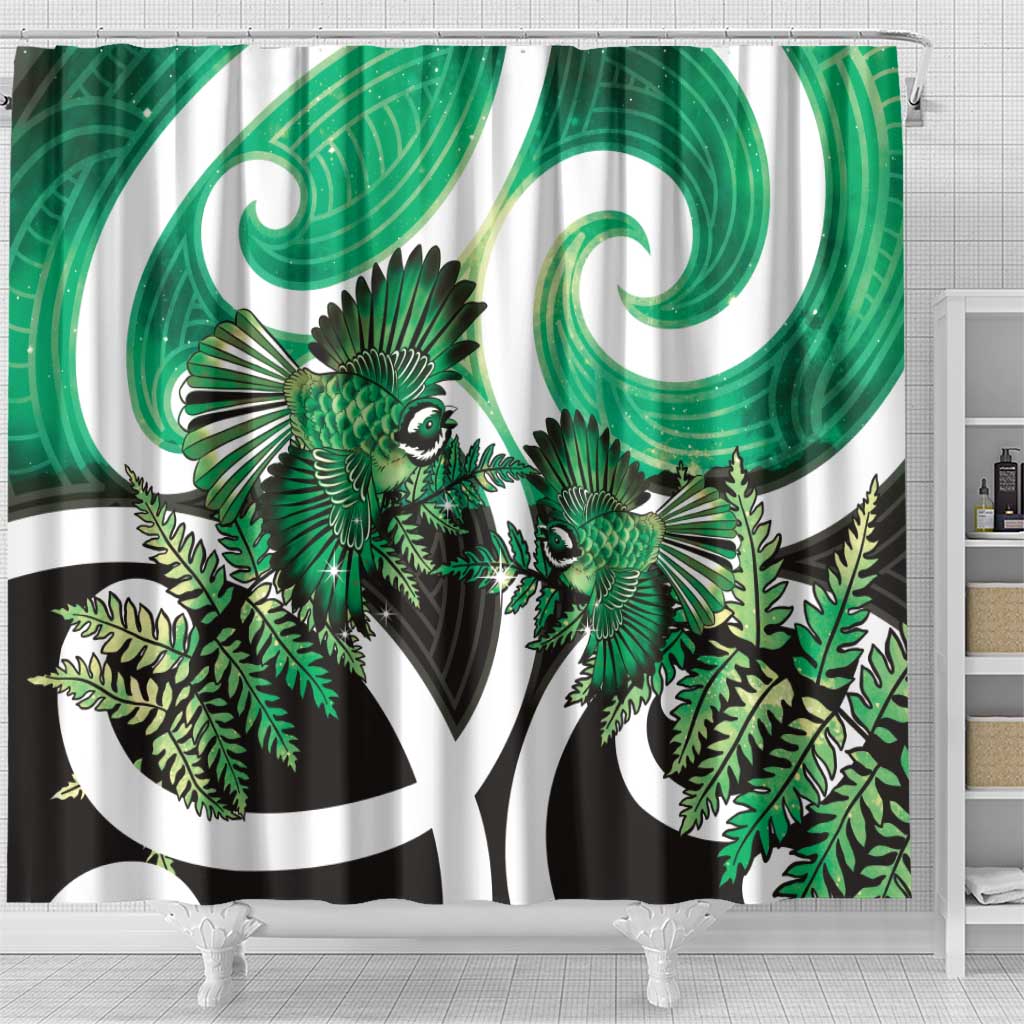 Piwakawaka New Zealand Matariki Shower Curtain Maori New Year Silver Fern Green Galaxy LT14 - Polynesian Pride
