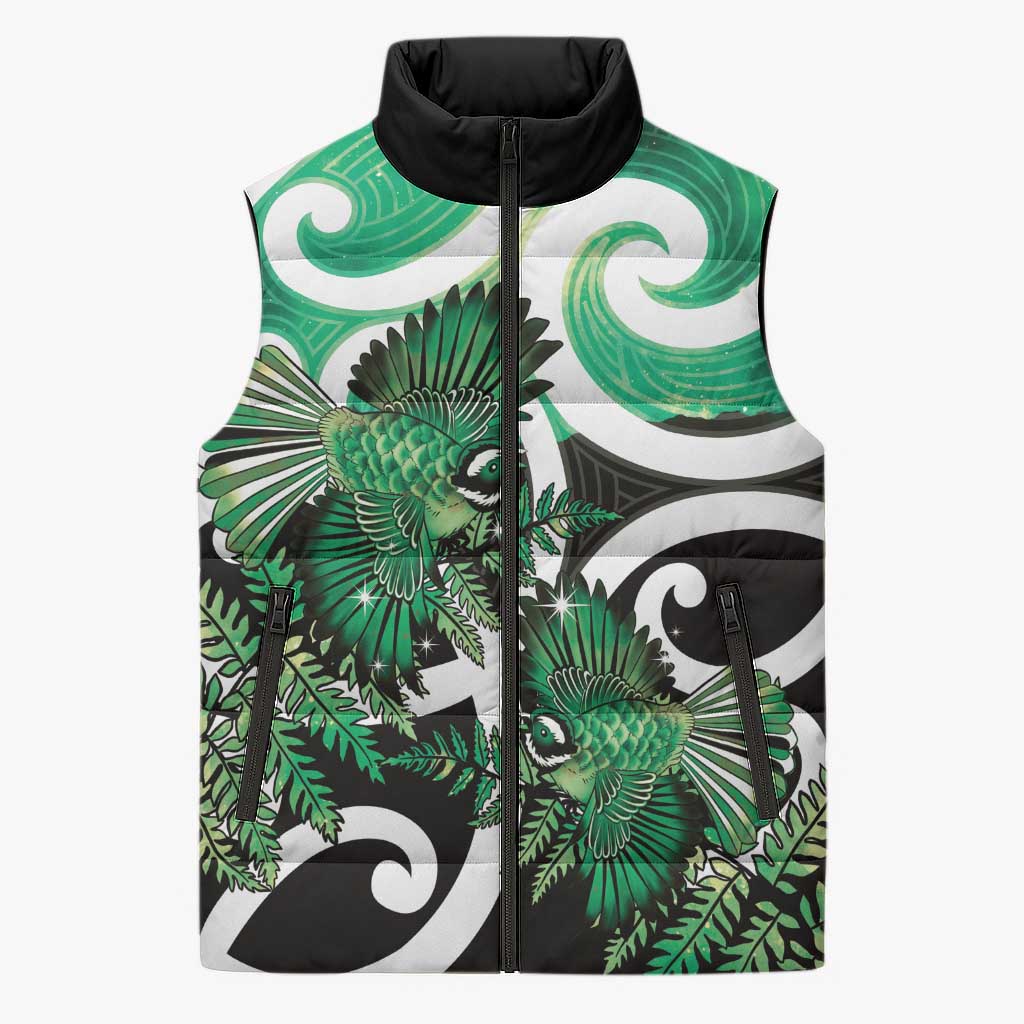 Piwakawaka New Zealand Matariki Sleeveless Puffer Jacket Maori New Year Silver Fern Green Galaxy