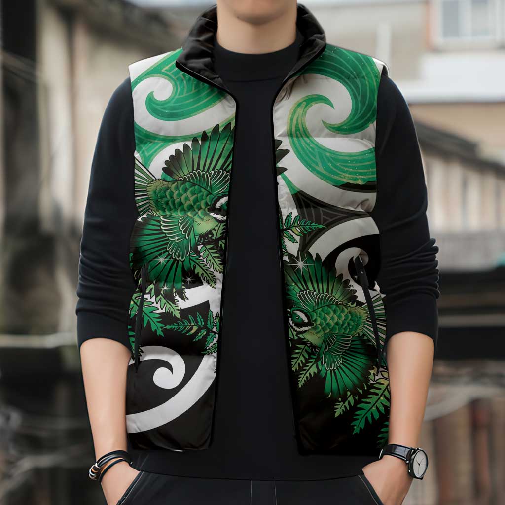 Piwakawaka New Zealand Matariki Sleeveless Puffer Jacket Maori New Year Silver Fern Green Galaxy LT14 - Polynesian Pride