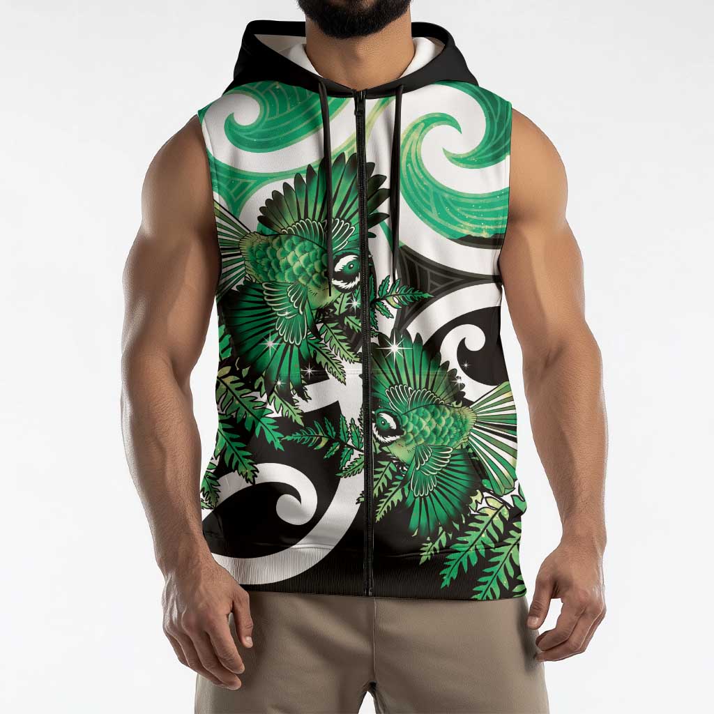 Piwakawaka New Zealand Matariki Sleeveless Zip Hoodie Maori New Year Silver Fern Green Galaxy LT14 - Polynesian Pride