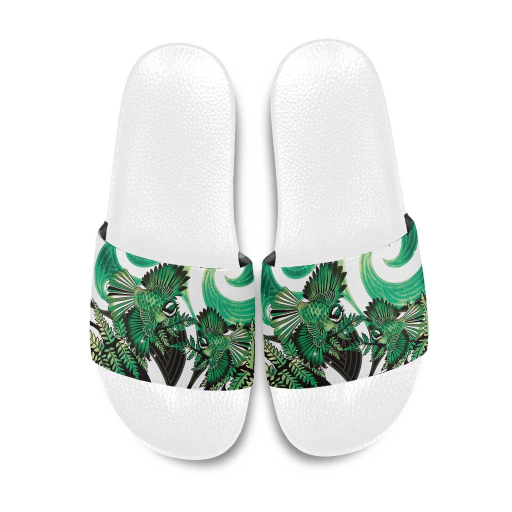 Piwakawaka New Zealand Matariki Slide Sandals Maori New Year Silver Fern Green Galaxy LT14 Green - Polynesian Pride