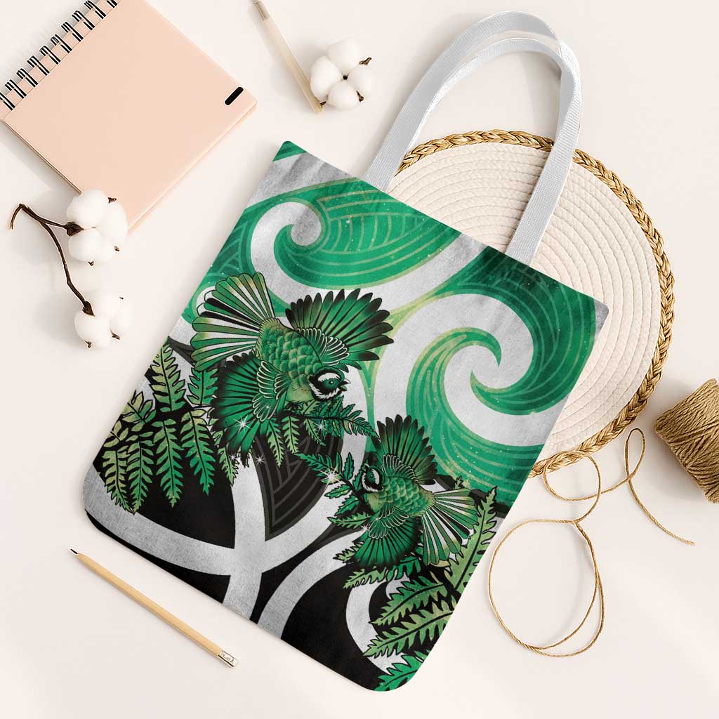 Piwakawaka New Zealand Matariki Tote Bag Maori New Year Silver Fern Green Galaxy LT14 White Strap One Size Green - Polynesian Pride