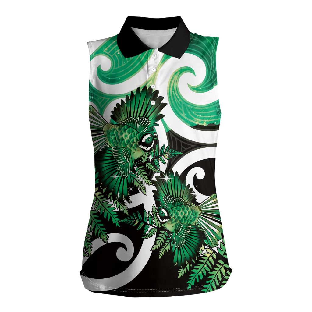 Piwakawaka New Zealand Matariki Women Sleeveless Polo Shirt Maori New Year Silver Fern Green Galaxy LT14 Female Green - Polynesian Pride