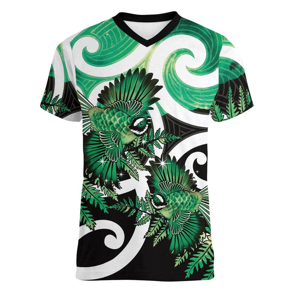 Piwakawaka New Zealand Matariki Women V-Neck T-Shirt Maori New Year Silver Fern Green Galaxy