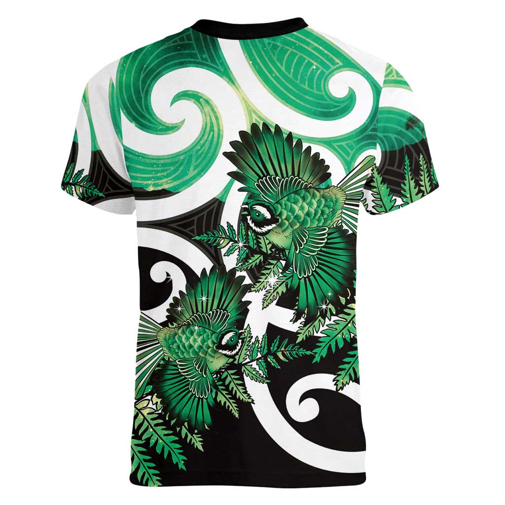 Piwakawaka New Zealand Matariki Women V-Neck T-Shirt Maori New Year Silver Fern Green Galaxy LT14 - Polynesian Pride