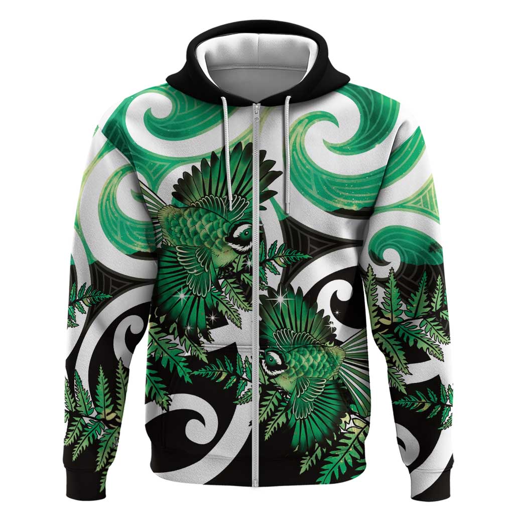 Piwakawaka New Zealand Matariki Zip Hoodie Maori New Year Silver Fern Green Galaxy LT14 Zip Hoodie Green - Polynesian Pride