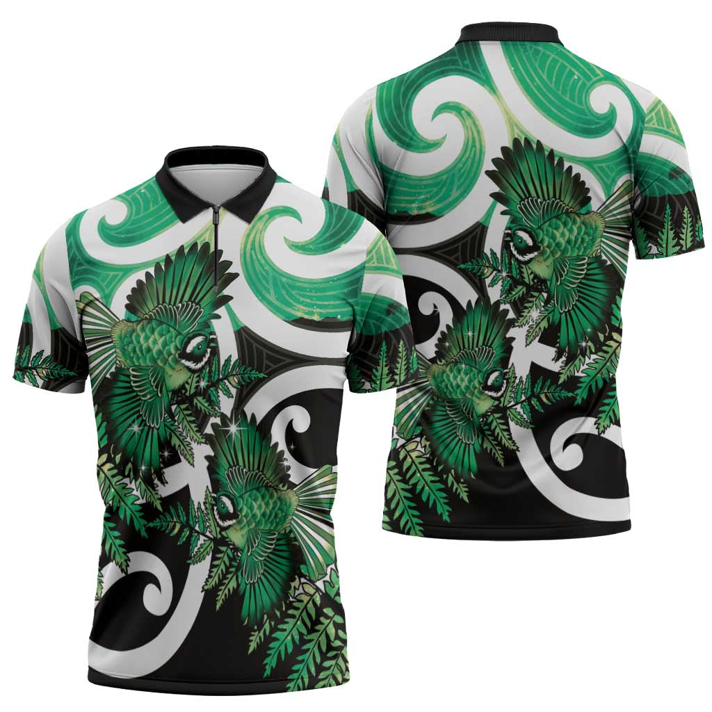 Piwakawaka New Zealand Matariki Zipper Polo Shirt Maori New Year Silver Fern Green Galaxy LT14 - Polynesian Pride