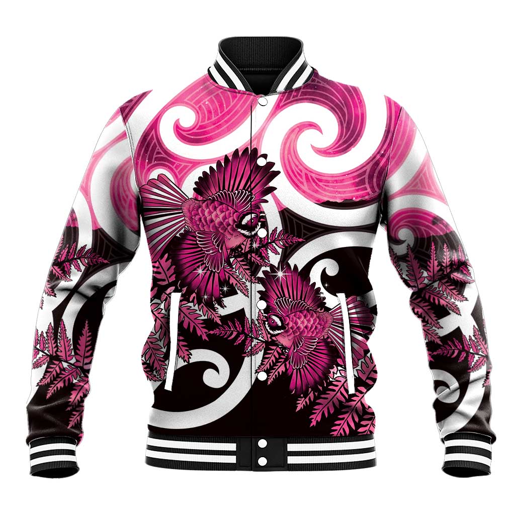 Piwakawaka New Zealand Matariki Baseball Jacket Maori New Year Silver Fern Pink Galaxy LT14 Unisex Pink - Polynesian Pride