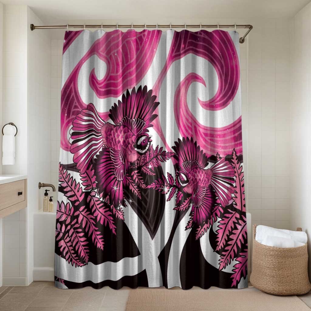 Piwakawaka New Zealand Matariki Bathroom Set Maori New Year Silver Fern Pink Galaxy LT14 Shower Curtain Only Pink - Polynesian Pride