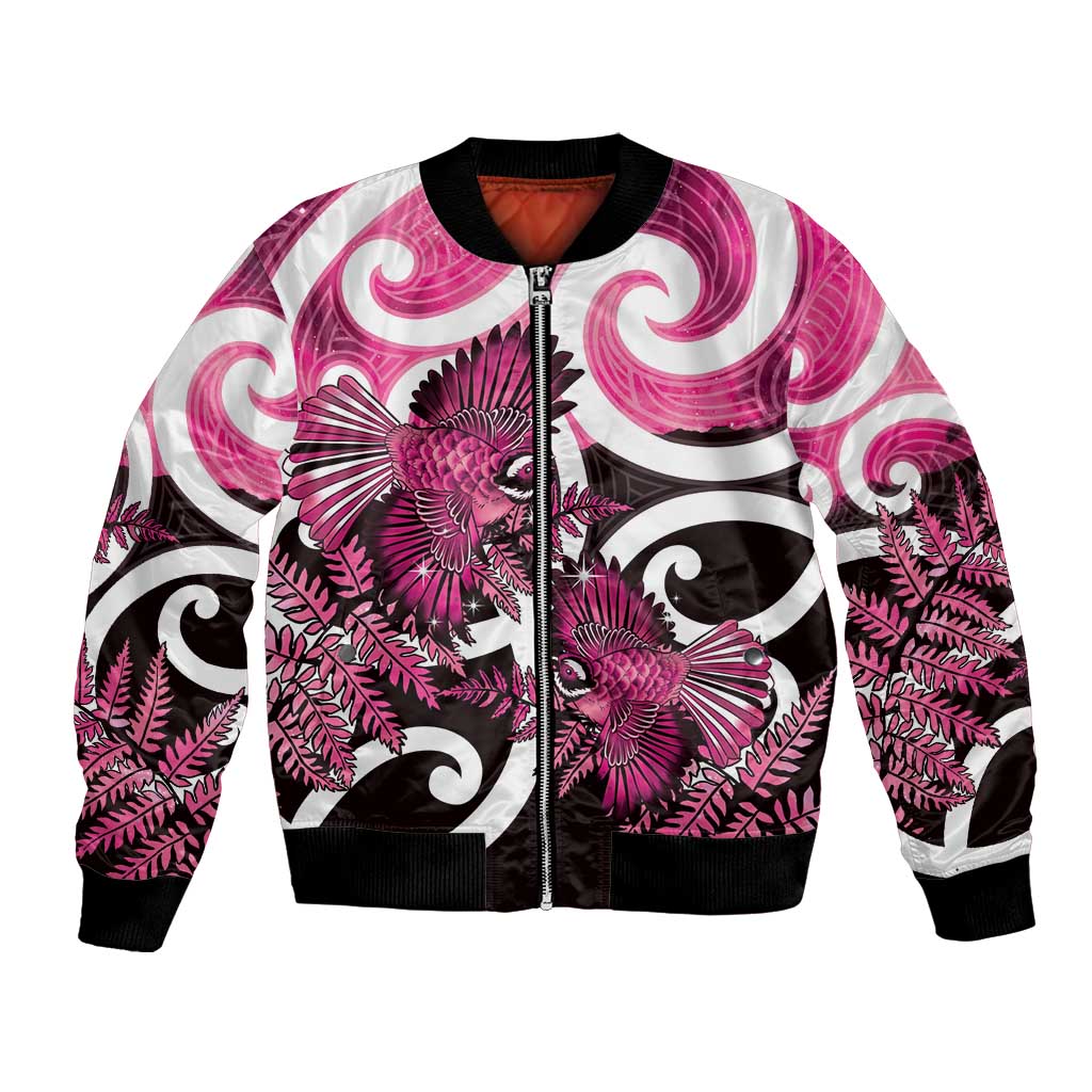Piwakawaka New Zealand Matariki Bomber Jacket Maori New Year Silver Fern Pink Galaxy LT14 Unisex Pink - Polynesian Pride