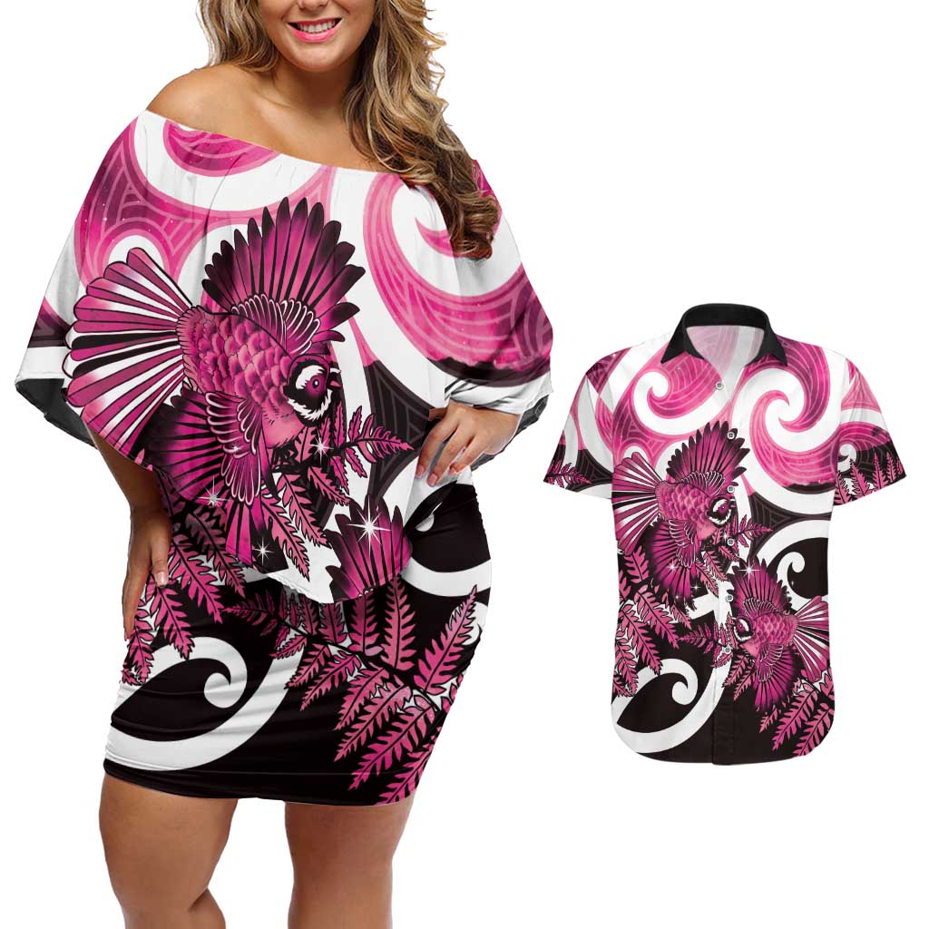 Piwakawaka New Zealand Matariki Couples Matching Off Shoulder Short Dress and Hawaiian Shirt Maori New Year Silver Fern Pink Galaxy LT14 Pink - Polynesian Pride