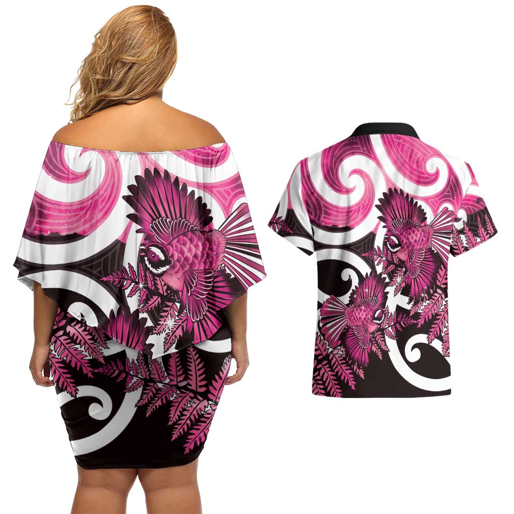 Piwakawaka New Zealand Matariki Couples Matching Off Shoulder Short Dress and Hawaiian Shirt Maori New Year Silver Fern Pink Galaxy LT14 - Polynesian Pride