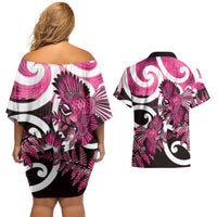 Piwakawaka New Zealand Matariki Couples Matching Off Shoulder Short Dress and Hawaiian Shirt Maori New Year Silver Fern Pink Galaxy LT14 - Polynesian Pride