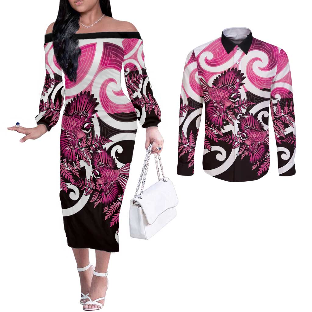 Piwakawaka New Zealand Matariki Couples Matching Off The Shoulder Long Sleeve Dress and Long Sleeve Button Shirt Maori New Year Silver Fern Pink Galaxy LT14 Pink - Polynesian Pride