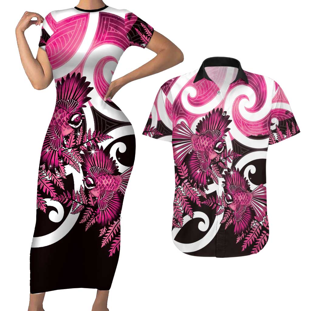 Piwakawaka New Zealand Matariki Couples Matching Short Sleeve Bodycon Dress and Hawaiian Shirt Maori New Year Silver Fern Pink Galaxy LT14 Pink - Polynesian Pride