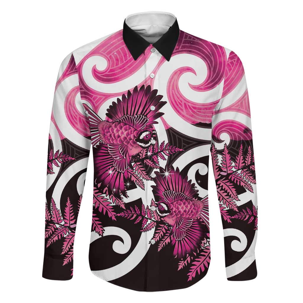 Piwakawaka New Zealand Matariki Family Matching Off The Shoulder Long Sleeve Dress and Hawaiian Shirt Maori New Year Silver Fern Pink Galaxy LT14 Dad's Shirt - Long Sleeve Pink - Polynesian Pride