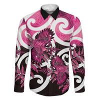 Piwakawaka New Zealand Matariki Family Matching Off Shoulder Maxi Dress and Hawaiian Shirt Maori New Year Silver Fern Pink Galaxy LT14 Dad's Shirt - Long Sleeve Pink - Polynesian Pride