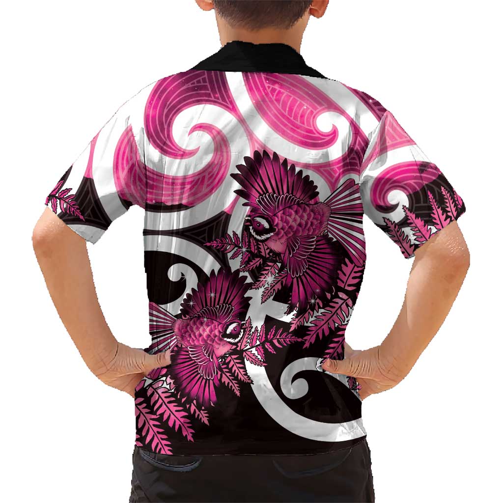 Piwakawaka New Zealand Matariki Family Matching Off Shoulder Short Dress and Hawaiian Shirt Maori New Year Silver Fern Pink Galaxy LT14 - Polynesian Pride