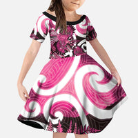 Piwakawaka New Zealand Matariki Family Matching Short Sleeve Bodycon Dress and Hawaiian Shirt Maori New Year Silver Fern Pink Galaxy LT14 Daughter's Dress Pink - Polynesian Pride