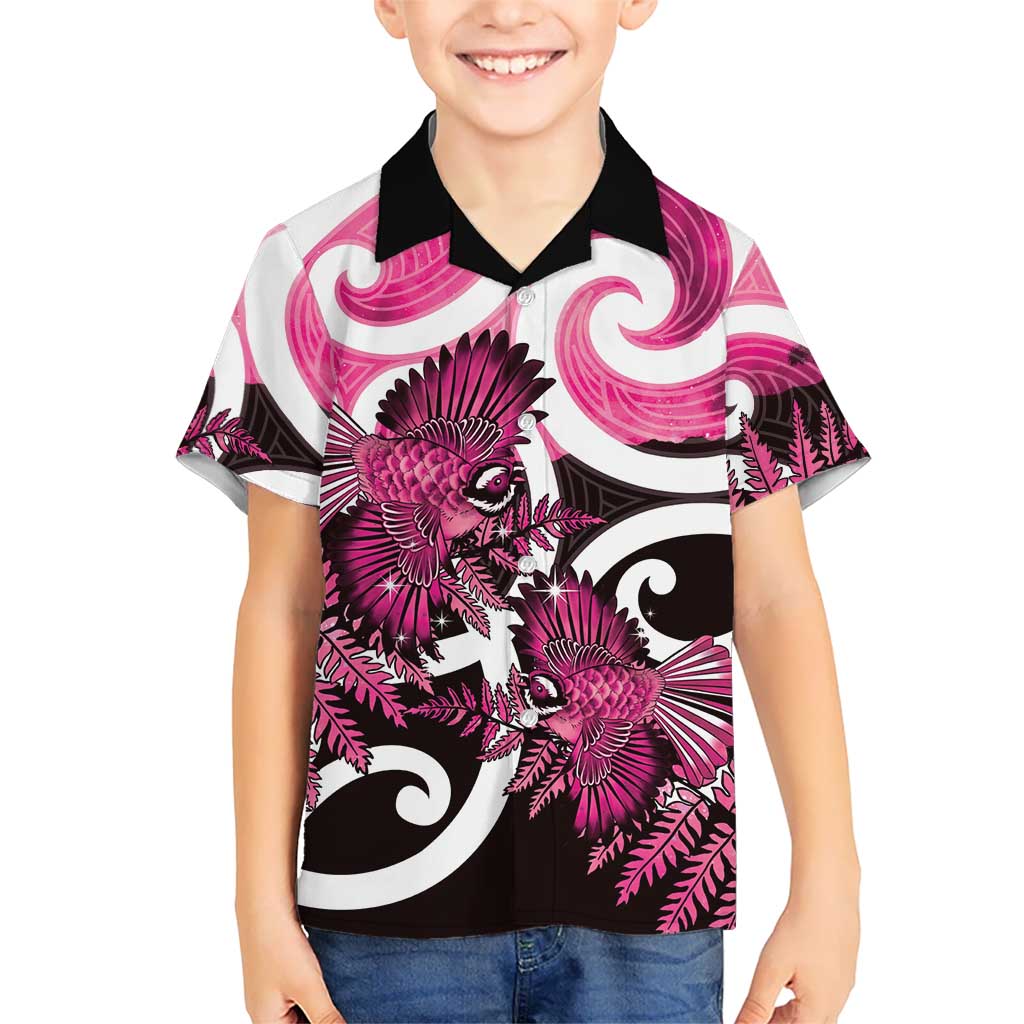 Piwakawaka New Zealand Matariki Kid Hawaiian Shirt Maori New Year Silver Fern Pink Galaxy