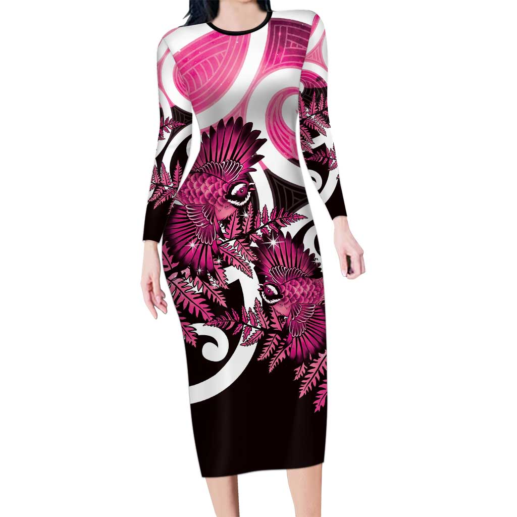 Piwakawaka New Zealand Matariki Long Sleeve Bodycon Dress Maori New Year Silver Fern Pink Galaxy LT14 Long Dress Pink - Polynesian Pride