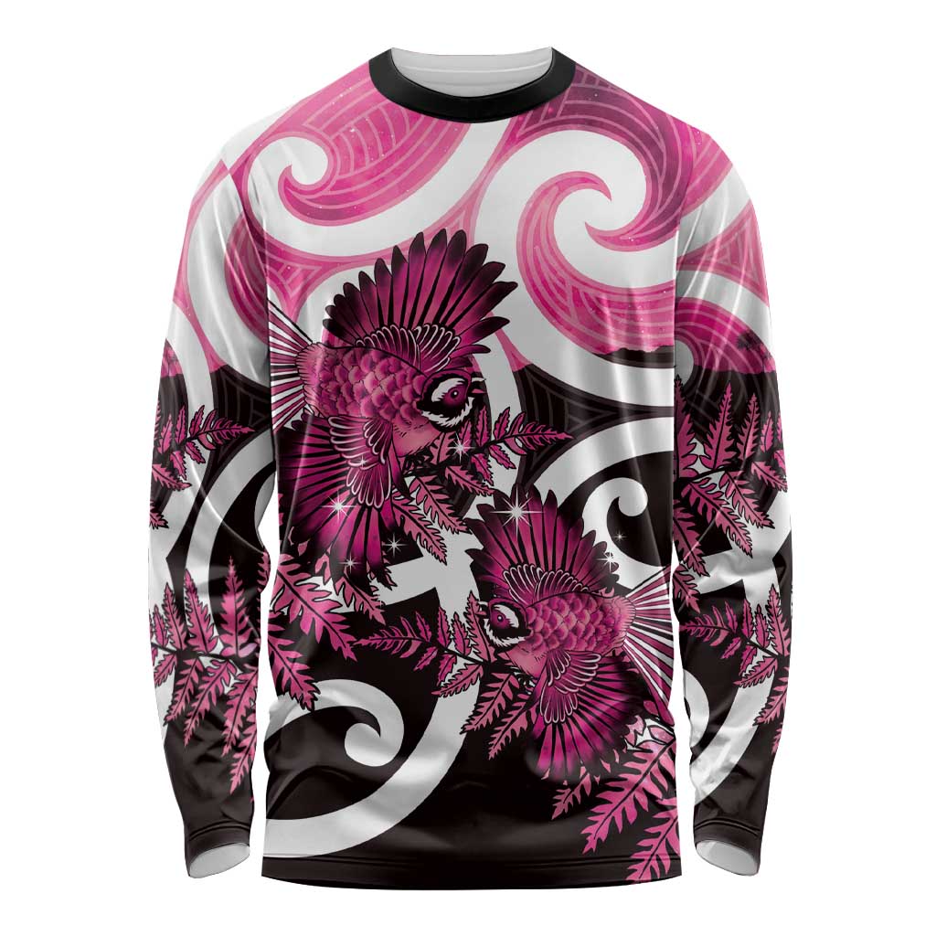 Piwakawaka New Zealand Matariki Long Sleeve Shirt Maori New Year Silver Fern Pink Galaxy LT14 Unisex Pink - Polynesian Pride