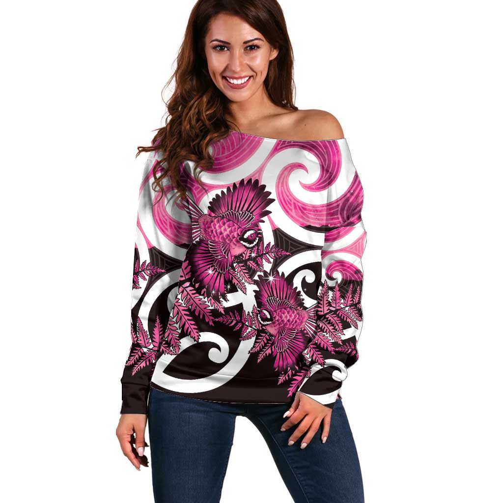 Piwakawaka New Zealand Matariki Off Shoulder Sweater Maori New Year Silver Fern Pink Galaxy