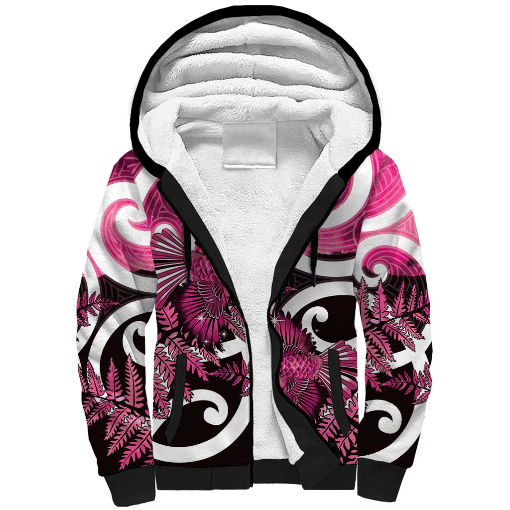 Piwakawaka New Zealand Matariki Sherpa Hoodie Maori New Year Silver Fern Pink Galaxy LT14 Unisex Pink - Polynesian Pride