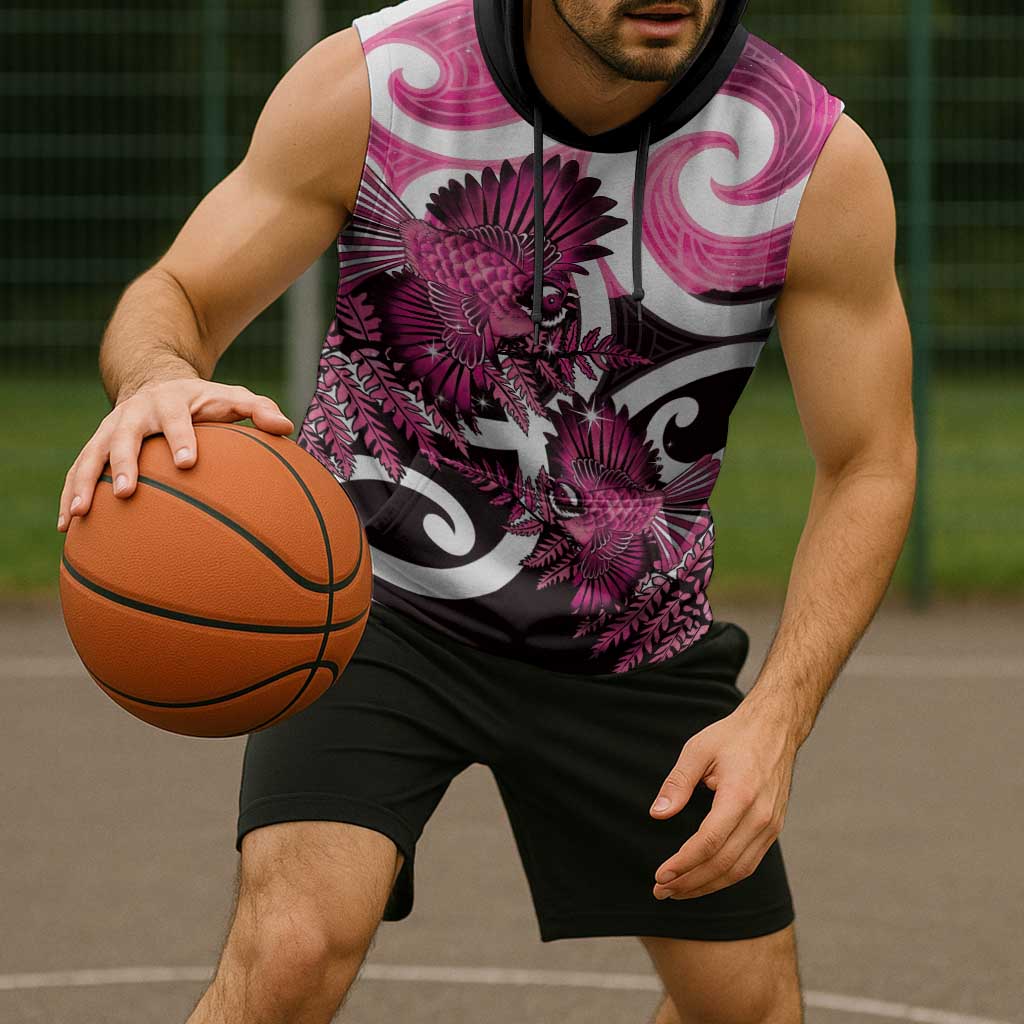 Piwakawaka New Zealand Matariki Sleeveless Hoodie Maori New Year Silver Fern Pink Galaxy LT14 - Polynesian Pride