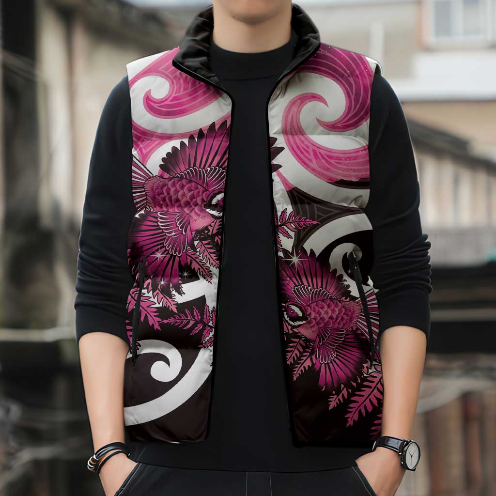 Piwakawaka New Zealand Matariki Sleeveless Puffer Jacket Maori New Year Silver Fern Pink Galaxy LT14 - Polynesian Pride