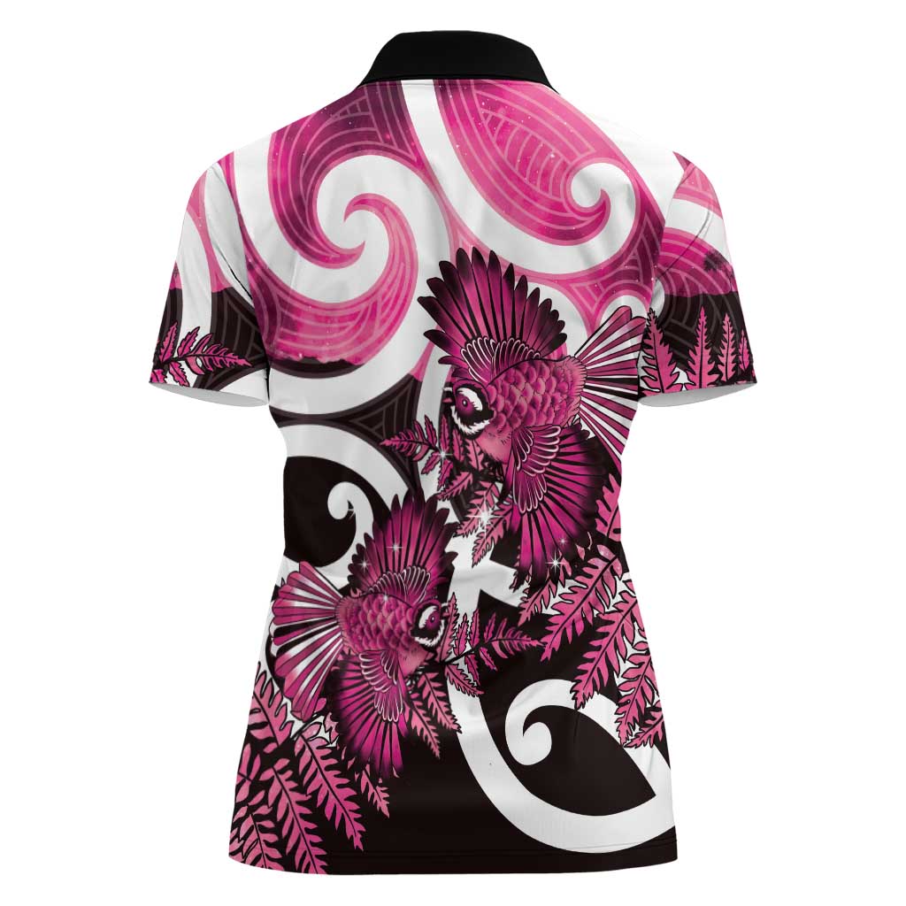 Piwakawaka New Zealand Matariki Women Polo Shirt Maori New Year Silver Fern Pink Galaxy LT14 - Polynesian Pride