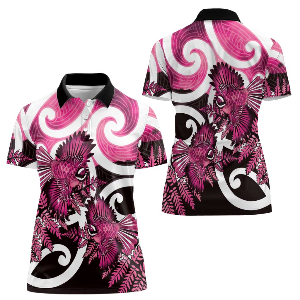 Piwakawaka New Zealand Matariki Women Polo Shirt Maori New Year Silver Fern Pink Galaxy LT14 - Polynesian Pride