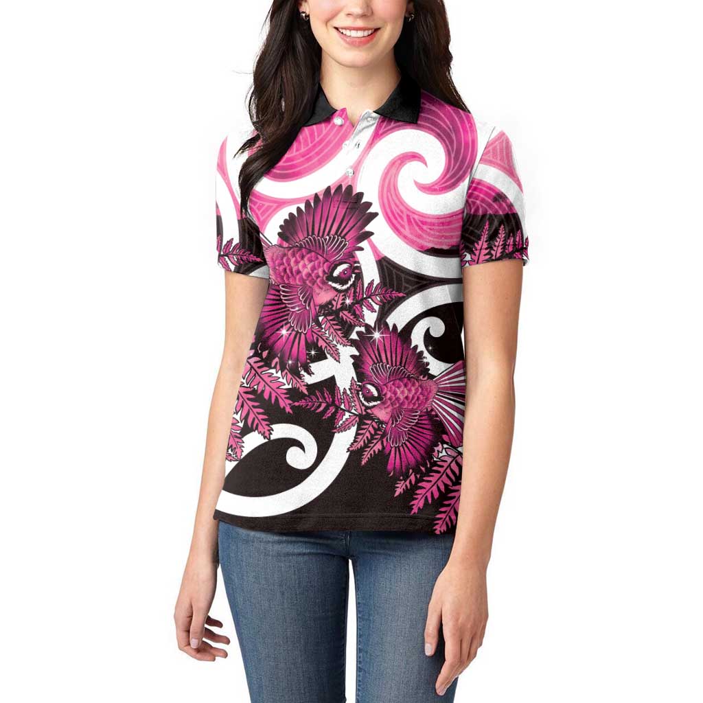 Piwakawaka New Zealand Matariki Women Polo Shirt Maori New Year Silver Fern Pink Galaxy LT14 - Polynesian Pride