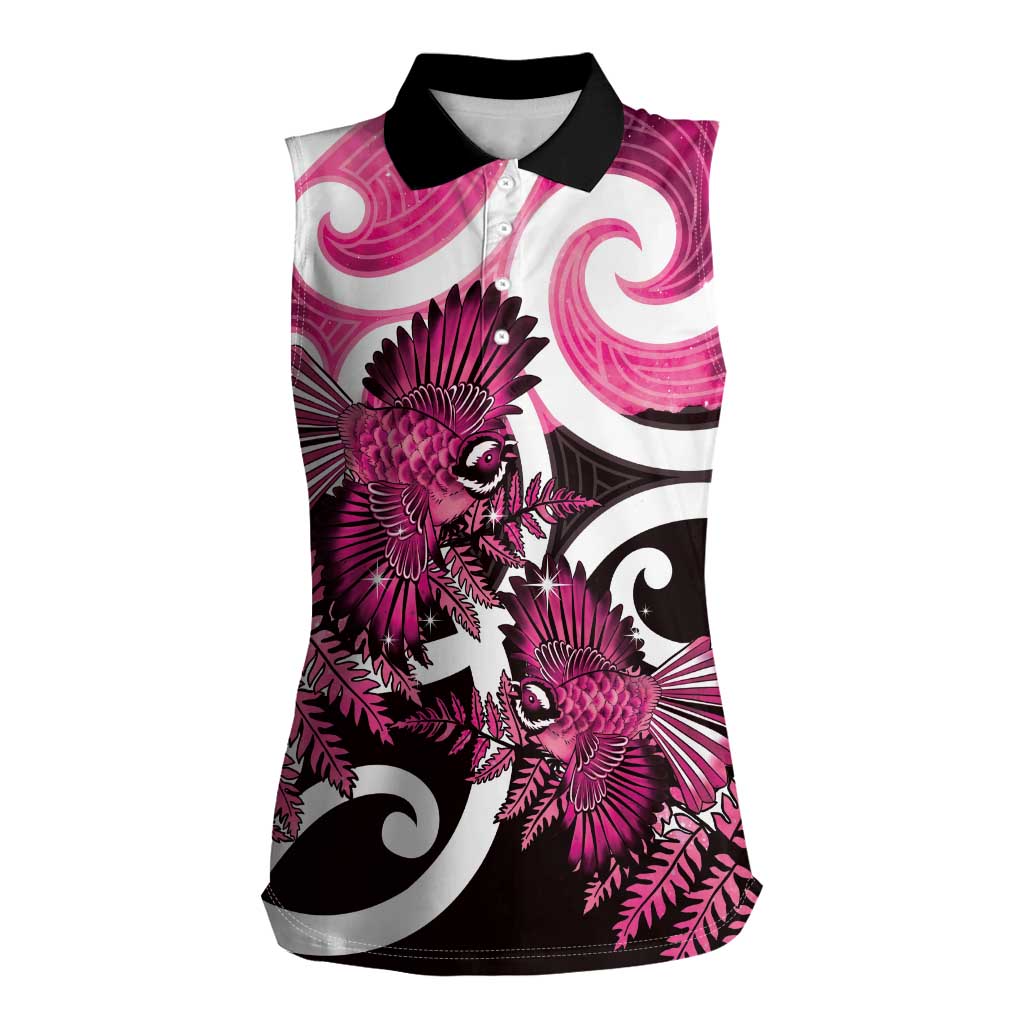 Piwakawaka New Zealand Matariki Women Sleeveless Polo Shirt Maori New Year Silver Fern Pink Galaxy LT14 Female Pink - Polynesian Pride