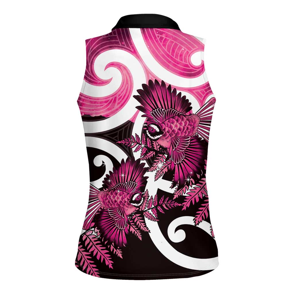 Piwakawaka New Zealand Matariki Women Sleeveless Polo Shirt Maori New Year Silver Fern Pink Galaxy LT14 - Polynesian Pride