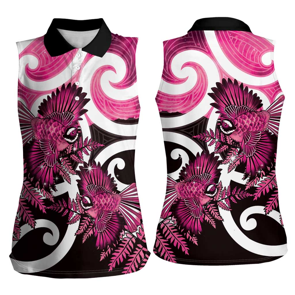 Piwakawaka New Zealand Matariki Women Sleeveless Polo Shirt Maori New Year Silver Fern Pink Galaxy LT14 - Polynesian Pride