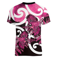 Piwakawaka New Zealand Matariki Women V-Neck T-Shirt Maori New Year Silver Fern Pink Galaxy LT14 - Polynesian Pride