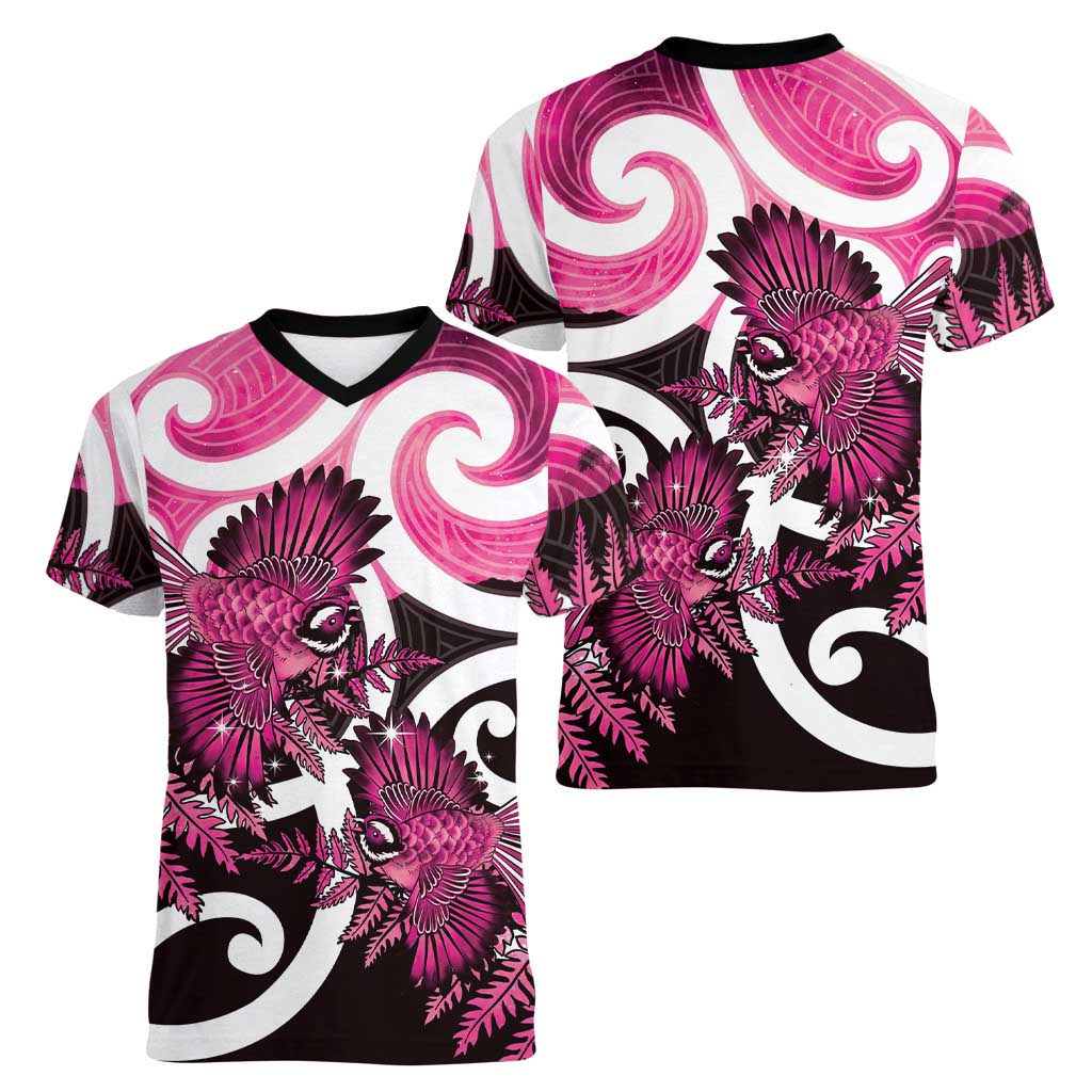 Piwakawaka New Zealand Matariki Women V-Neck T-Shirt Maori New Year Silver Fern Pink Galaxy LT14 - Polynesian Pride