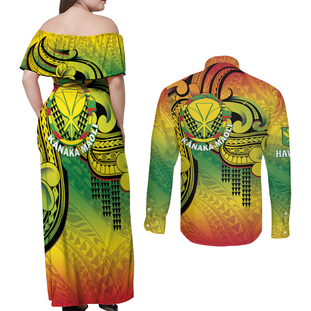 Hawaii Flag Day Couples Matching Off Shoulder Maxi Dress and Long Sleeve Button Shirt Kanaka Maoli With Kakau Polynesian Pattern LT14